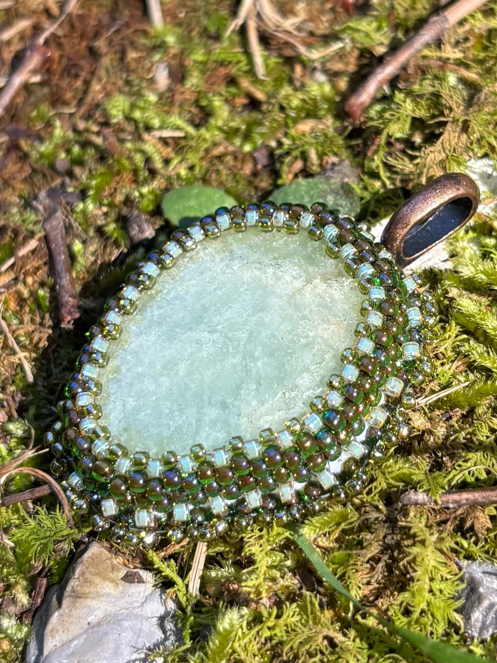 Handmade Aquamarine Bead Embroidered Stone Pendant